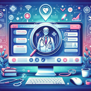 Ilustração de uma interface de site médico em uma tela de computador, mostrando características de Marca para Médicos, serviços oferecidos e abordagem compassiva, com símbolos de otimização SEO como uma lupa, palavras-chave e rankings de pesquisa elevados, em um fundo com motivos digitais indicando conteúdo dinâmico e atualizado.