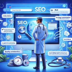 Ilustração de um médico em frente a uma tela de computador grande, mostrando elementos variados de SEO como palavras-chave estratégicas, conteúdo de qualidade como um blog, símbolos de otimização on-page como tags de título e descrições meta, interface de site de carregamento rápido, SEO local com ícone do Google Maps e backlinks de qualidade. Cada elemento é representado visualmente, tornando o conceito de SEO tangível e relacionado ao marketing médico. O médico parece engajado e reflexivo, simbolizando uma abordagem proativa no marketing digital.