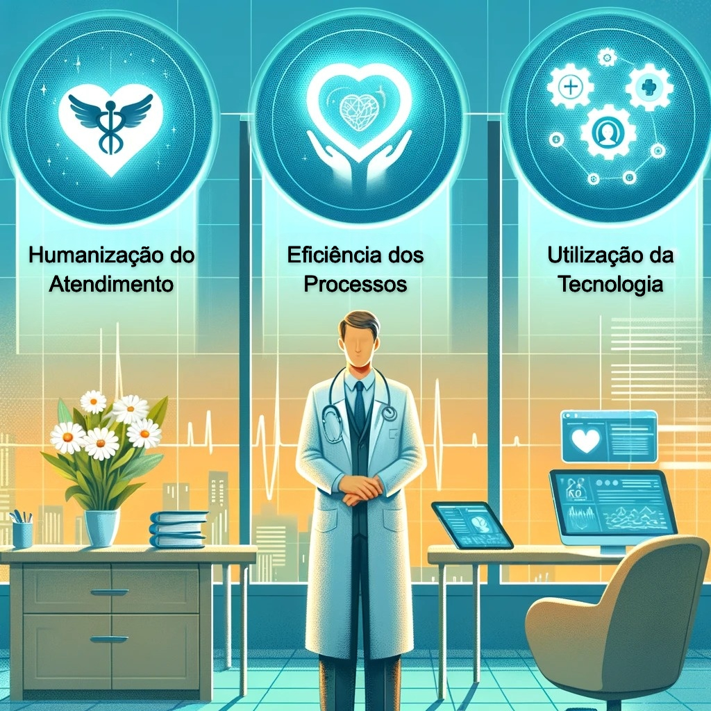 "Ilustração de um profissional médico em uma clínica, com representações visuais dos três pilares fundamentais da gestão da experiência do paciente: a humanização do atendimento, a eficiência dos processos e a utilização inteligente da tecnologia. O primeiro pilar é simbolizado por uma interação calorosa entre o médico e um paciente, indicando cuidado personalizado e compassivo. O segundo pilar é representado por ícones de fluxo de trabalho otimizados, como um gráfico de fluxo de pacientes. O terceiro pilar é ilustrado por ferramentas digitais como tablets e software médico, mostrando a integração da tecnologia no cuidado ao paciente. A cena geral transmite uma abordagem holística à experiência do paciente em um ambiente médico, enfatizando a importância desses três pilares na construção de uma prática médica bem-sucedida e sustentável."