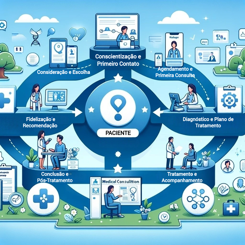 Ilustração mostrando um fluxograma com as sete fases cruciais da Jornada do Paciente em consultas médicas: 1) Conscientização e Primeiro Contato, 2) Consideração e Escolha, 3) Agendamento e Primeira Consulta, 4) Diagnóstico e Plano de Tratamento, 5) Tratamento e Acompanhamento, 6) Conclusão e Pós-Tratamento, 7) Fidelização e Recomendação. Cada fase é representada visualmente com ícones e atividades relevantes, como um paciente pesquisando online, comparando opções, visitando uma clínica, recebendo tratamento e, finalmente, recomendando o serviço. A cena geral transmite uma visão abrangente da jornada do paciente no setor de saúde, enfatizando a importância de cada fase na melhoria da experiência do paciente e na construção de uma prática médica bem-sucedida.